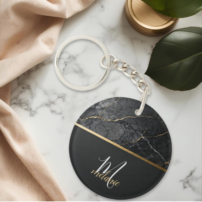 Chic modern Black grey marble gold monogram  (Créateur téléchargé)