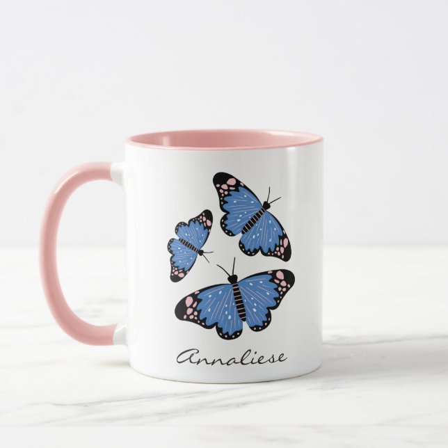 Chic Modern Blue Butterfly Design Personalisiert Tasse (Links)