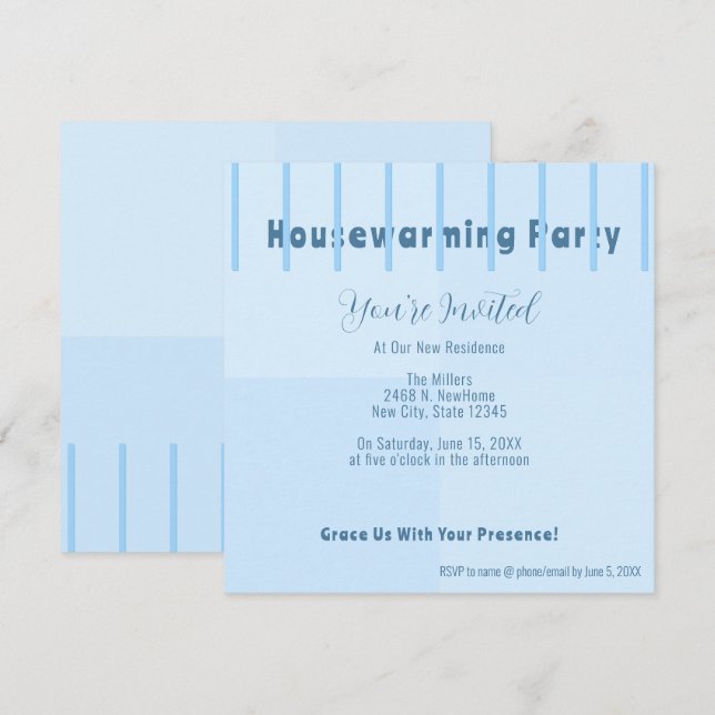 Chic Modern Blue Fence Housewarming Party laden ei Ankündigung (Vorne/Hinten)