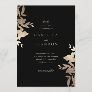 Chic Modern Botanical Imitate Gold Black Wedding Einladung