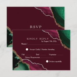 Chic Modern Burgundy & Green Black Agate Wedding RSVP Karte