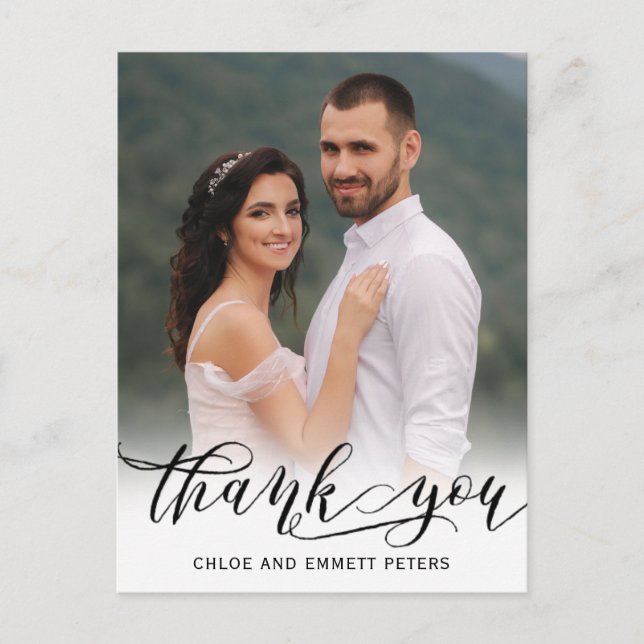 Chic Modern Calligraphy Foto Wedding Vielen Dank Postkarte (Vorderseite)
