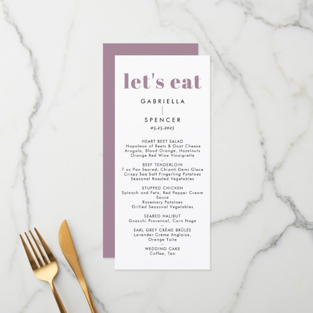 Chic Modern Dusty Lila Monogram Wedding Menükarte (Vorderseite/Rückseite Beispiel)