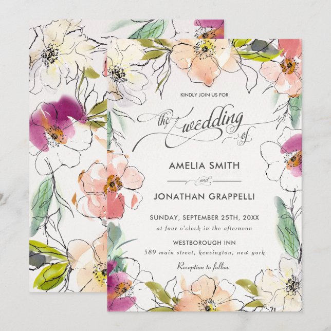 Chic Modern Elegante Hochzeit mit floralen Waterco Einladung (Vorne/Hinten)