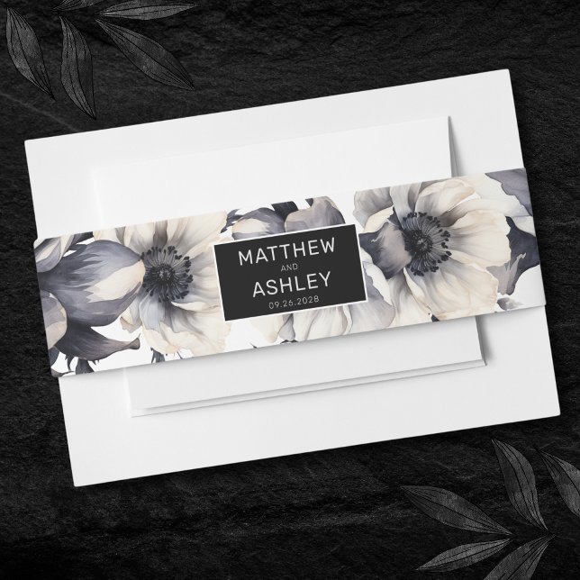 Chic Modern Elegante Schwarz-weiße Hochzeit mit Fl Einladungsbanderole (Modern Elegant Floral Black White Wedding Invitation Belly Band)