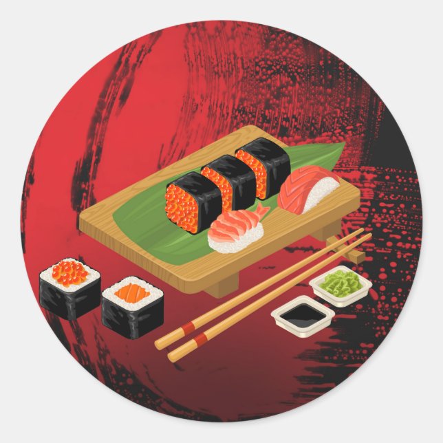 Chic Modern Elegantes Black & Red Sushi Party Even Runder Aufkleber (Vorderseite)