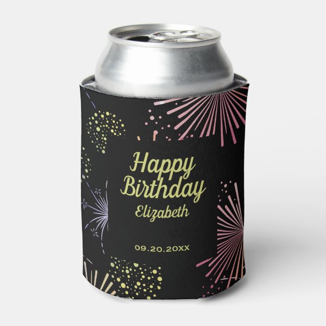 Chic Modern farbenfrohe Feuerwerke Black Birthday Dosenkühler (Kanne Vorderseite)