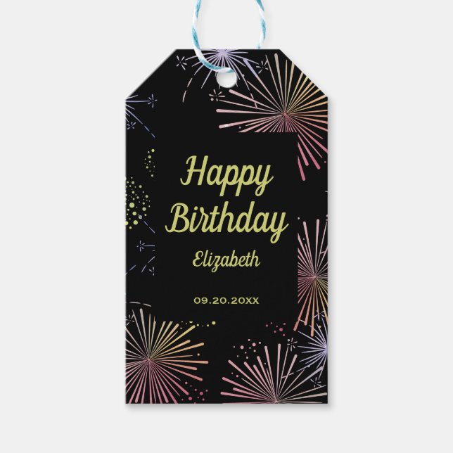 Chic Modern farbenfrohe Feuerwerke Black Birthday Geschenkanhänger (Vorderseite)