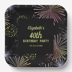 Chic Modern farbenfrohe Feuerwerke Black Birthday Pappteller