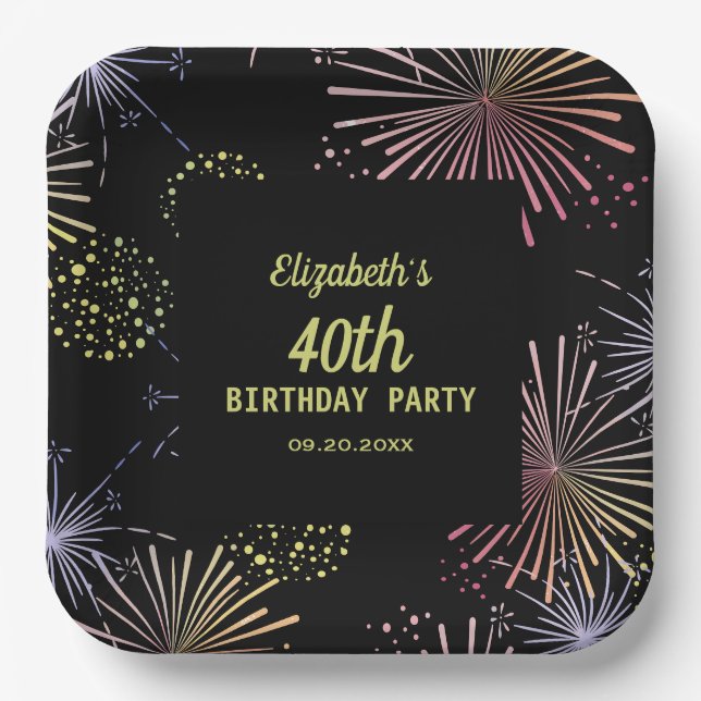 Chic Modern farbenfrohe Feuerwerke Black Birthday Pappteller (Vorderseite)