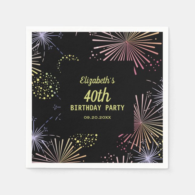 Chic Modern farbenfrohe Feuerwerke Black Birthday Serviette (Vorderseite)