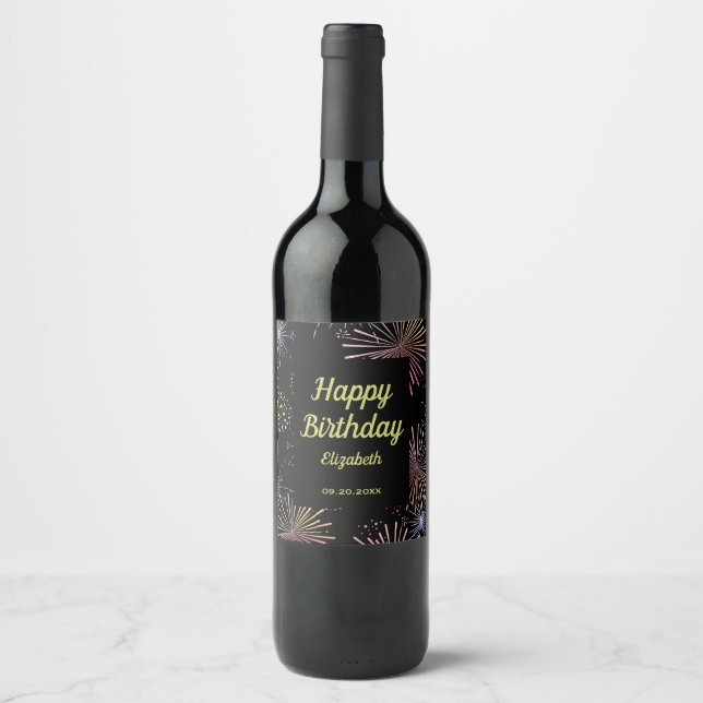 Chic Modern farbenfrohe Feuerwerke Black Birthday Weinetikett (Vorderseite)
