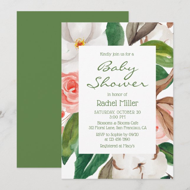 Chic Modern Floral Watercolor Babydusche Einladung (Vorne/Hinten)