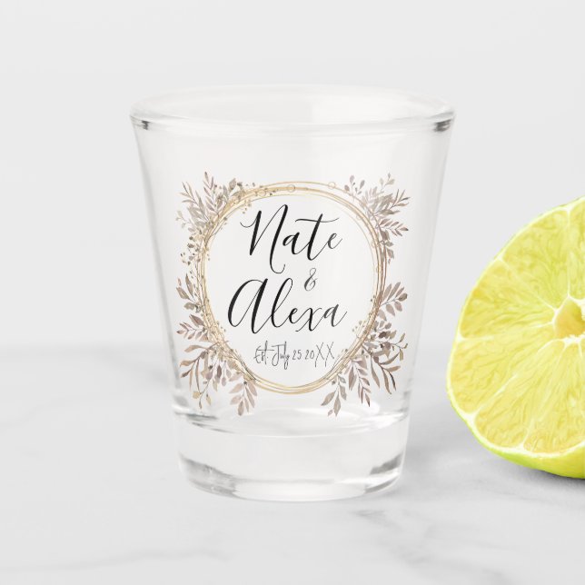 Chic Modern Floral Wreath Wedding Personalisiert Schnapsglas (Vorderseite)