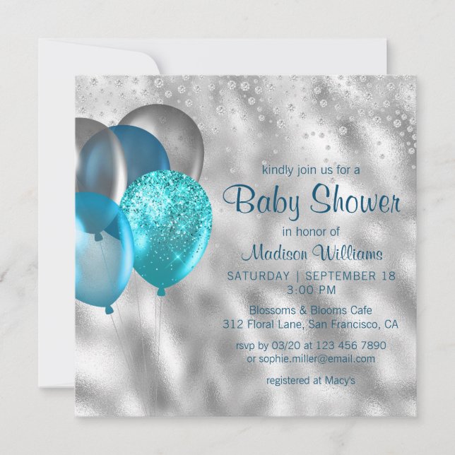 Chic Modern Glitzer Balloons Turquoise Kinderdusch Einladung (Vorderseite)