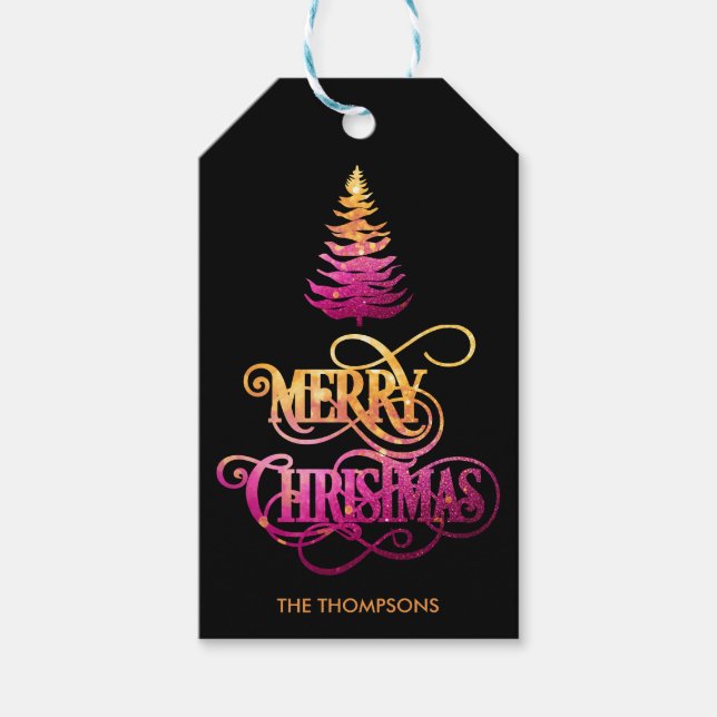 Chic Modern Glitzer Pine Tree Frohe Weihnachten Geschenkanhänger (Vorderseite)