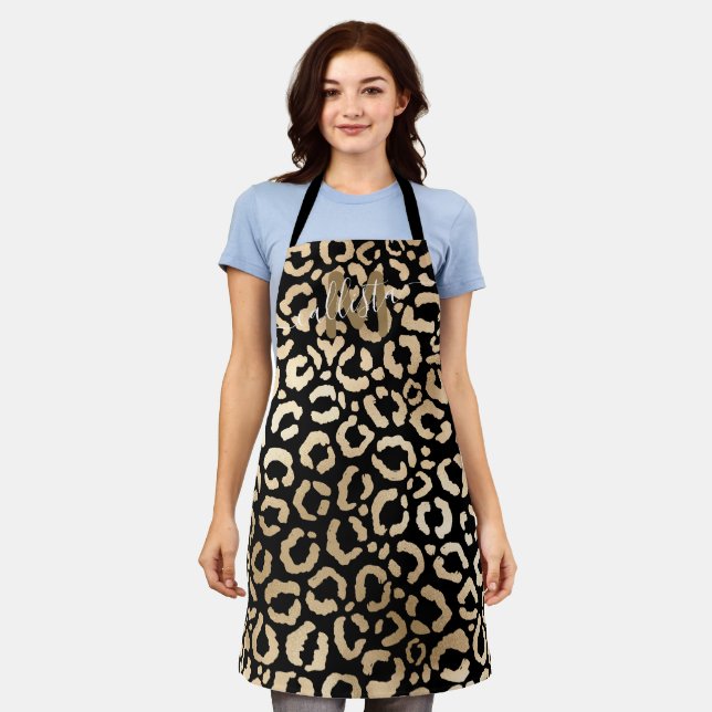 Chic Modern Gold Black Leopard Cheetah Monogram Schürze (Getragen)