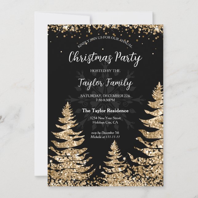 Chic Modern Gold Glitzer Weihnachtsbaum Party Einladung (Vorderseite)
