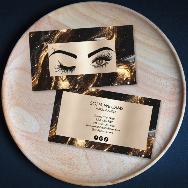 Chic Modern Gold Makeup Eyes Beauty Salon Lash Visitenkarte (liquid gold and wink eyes makeup artist business card)