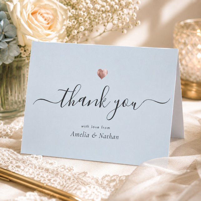 Chic Modern Light Blue Script Rose Gold Herz Dankeskarte (Von Creator hochgeladen)
