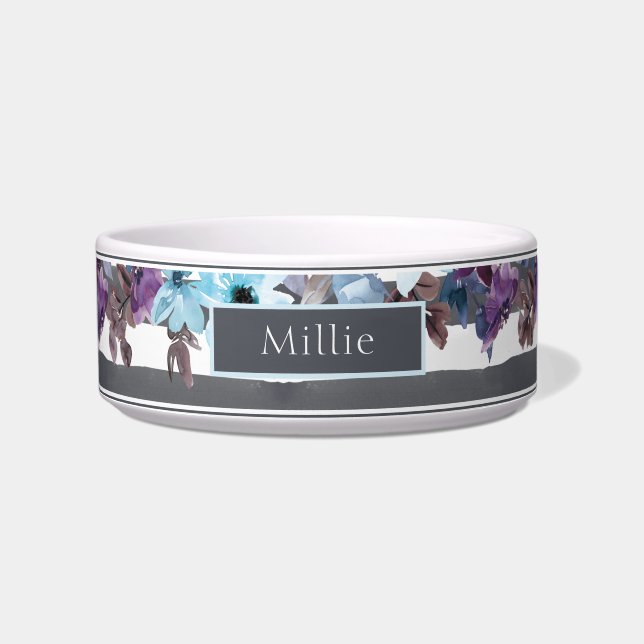 Chic Modern Lila Blue Watercolor Floral Name Napf (Vorderseite)