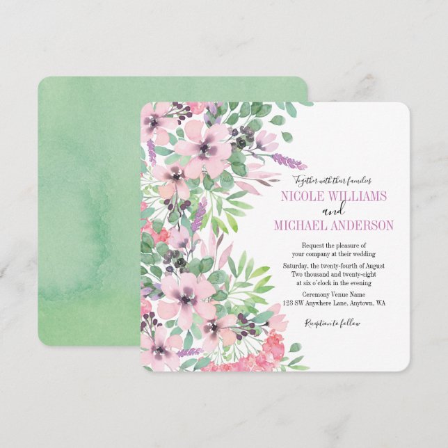 Chic modern Lilac Aquarellpeony Foliage WEDD Einladung (Vorne/Hinten)