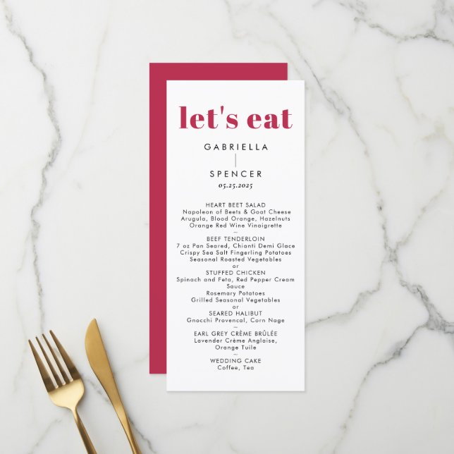 Chic Modern Magenta Red White Monogram Wedding Menükarte (Vorderseite/Rückseite Beispiel)