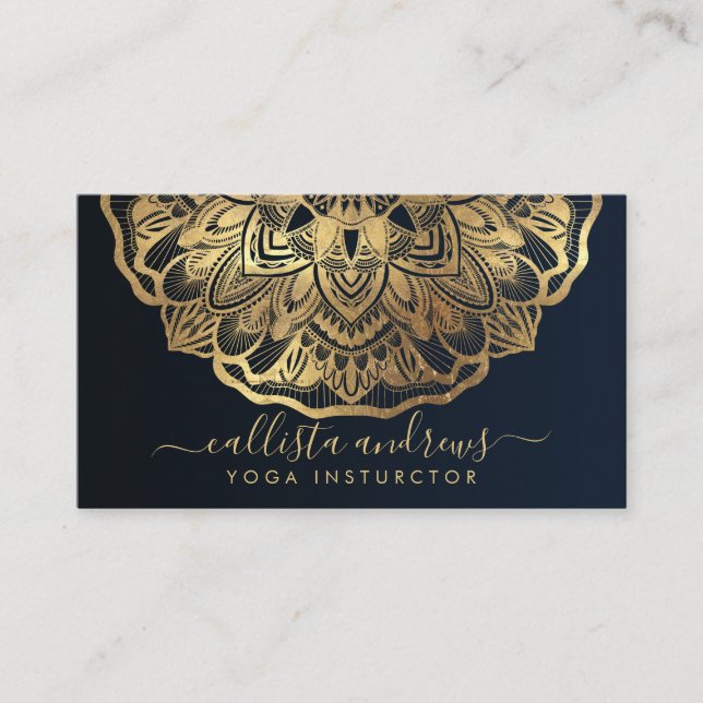 Chic Modern Navy Blue Gold Mandala Yoga Instructor Visitenkarte (Vorderseite)