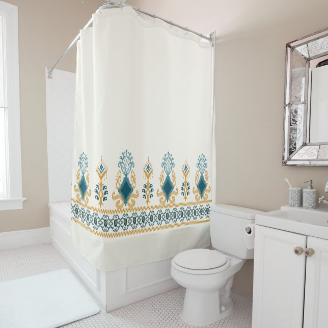 Chic Modern Neutral Aquamarin Blue Ikat Tribal Mus Duschvorhang (Beispiel)