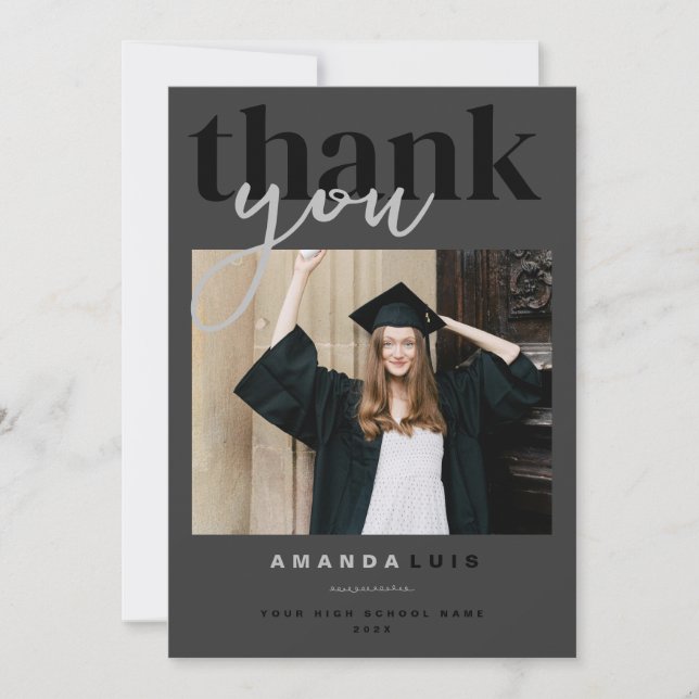 Chic Modern Photo Charcoal Graduation Dankeskarte (Vorderseite)