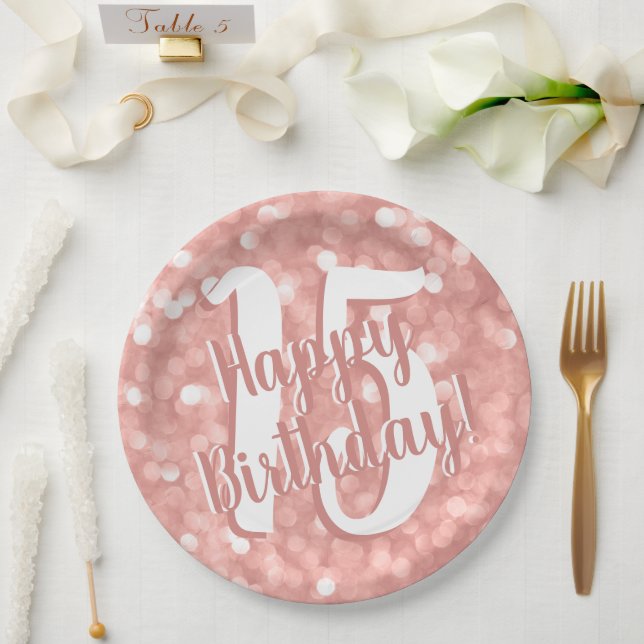 Chic Modern Pink Bokeh Lights 15 Happy Birthday Pappteller (Hochzeit)