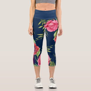 Chic Modern Red Pink Blume auf Dunklen Navy Leggin Capri Leggings