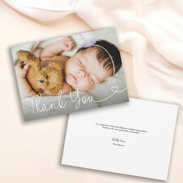 Chic Modern Religiable Customizable Baptism Foto Dankeskarte (Customizable baby photo thank you heart script baptism card.)