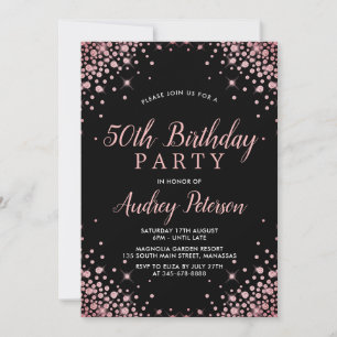 Chic Modern Rose Gold Glitzer Black 50. Geburtstag Einladung
