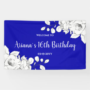 Chic Modern Royal Blue White Floral Geburtstag Banner