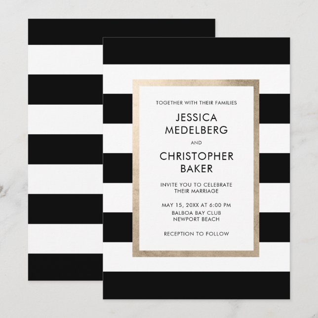 Chic Modern Schwarz-weiß Stripe Rose Gold Wedding Einladung (Vorne/Hinten)