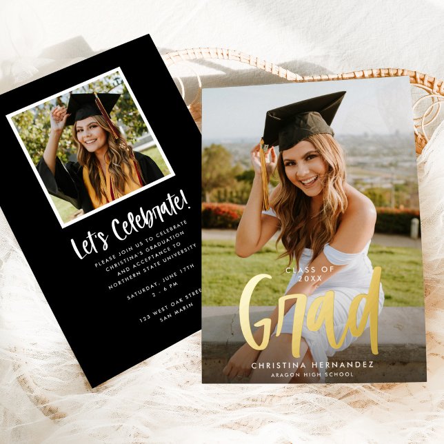 Chic Modern Script Grad Foto Abschluss Gold Folieneinladung (Von Creator hochgeladen)