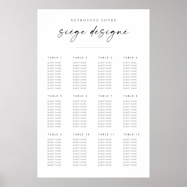 Chic Modern Script Hochzeitsdiagramm | Französisch Poster (Vorne)