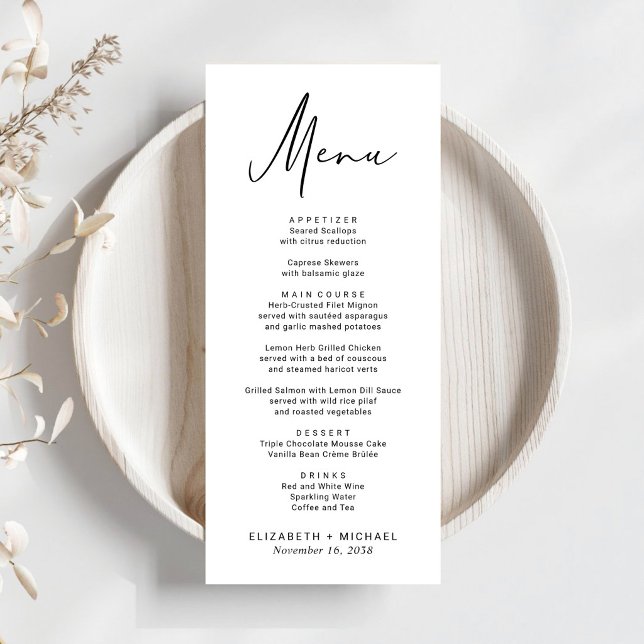 Chic Modern Script Wedding Menükarte (Chic Modern Script Wedding Menu)