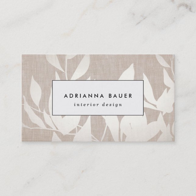 Chic Modern Silver Blätter Nature Tan Linen Ausseh Visitenkarte (Vorderseite)