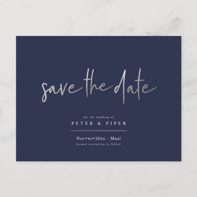 Chic+Modern Silver Signature Script, Save the Date Postkarte (Vorderseite)