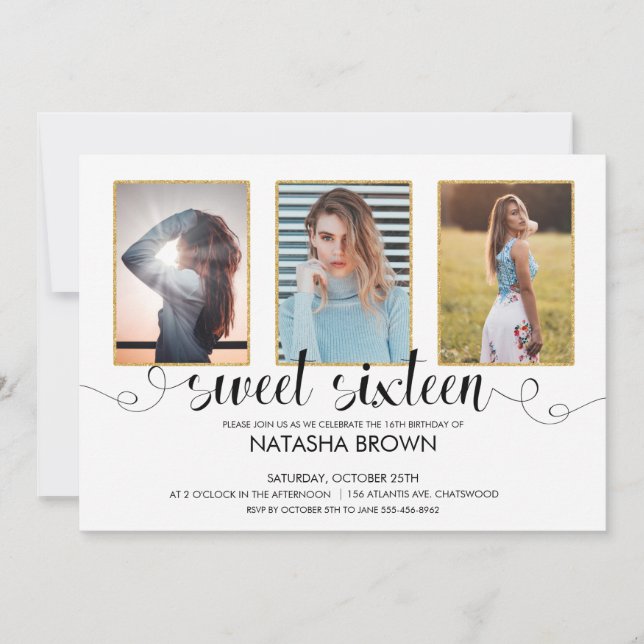 Chic Modern Typografie Sweet 16 Party Foto Einladung (Vorderseite)