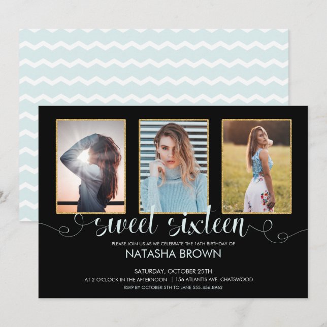 Chic Modern Typografy Sweet 16 Birthday Foto Einladung (Vorne/Hinten)
