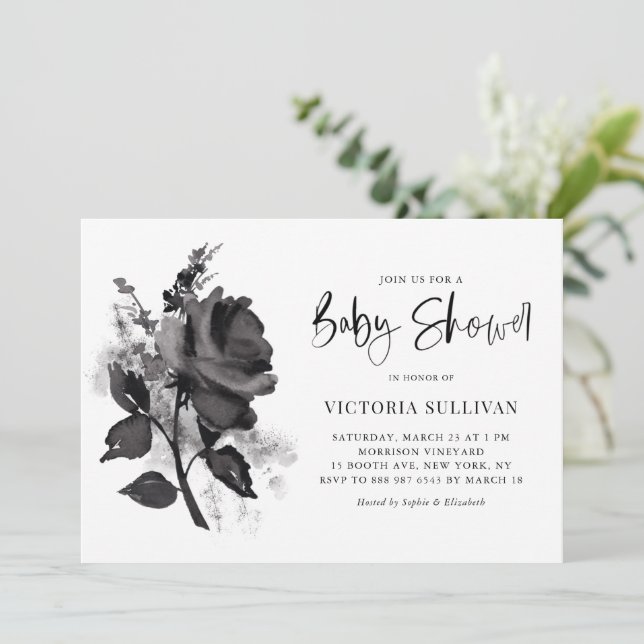 Chic Modern Watercolor Black Rose Babydusche Einladung (Stehend Vorderseite)