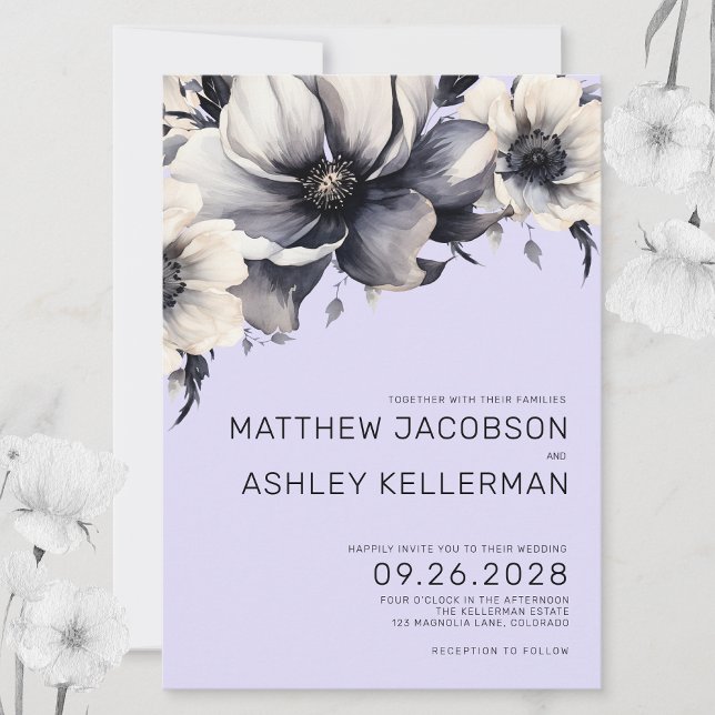 Chic Modern Watercolor Lila Blumenhochzeit Einladung (Chic Modern Lilac Lavender Purple Floral Wedding Invitation)