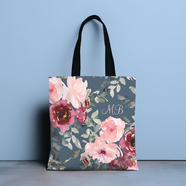 Chic Modern Watercolor Pink Burgund Blumenname Tasche (Von Creator hochgeladen)