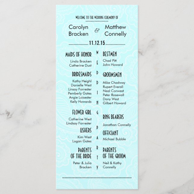 Chic moderne Blue Paisley Wedding Programme (Devant)
