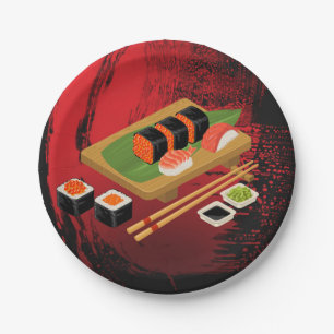 Chic moderne elegante schwarze und rote Sushi-Part Pappteller