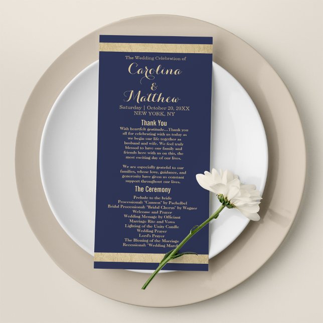 Chic moderne marine bleu or luxe mariage Programme (Chic modern navy blue gold luxury Wedding Program)