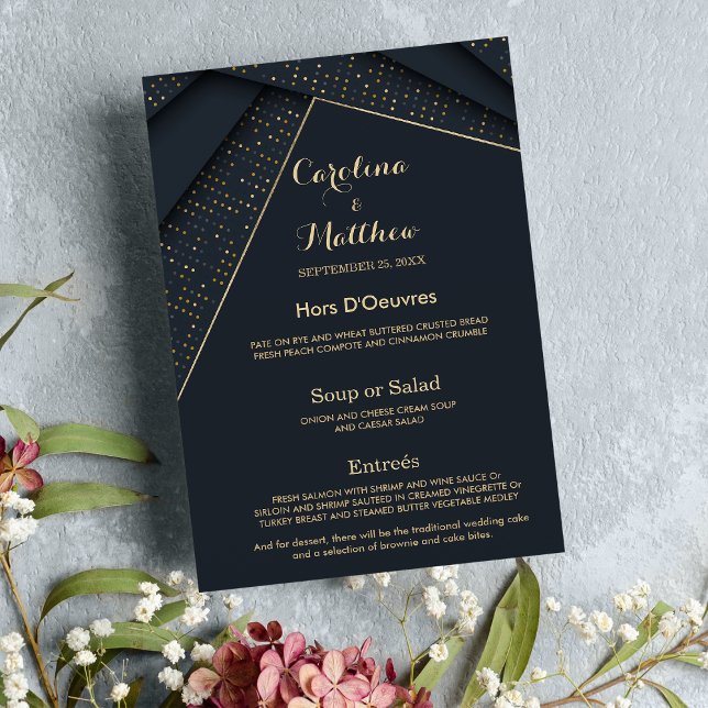 Chic moderne marineblaue Luxus-Menü Hochzeitsmenü Menükarte (Chic modern navy blue gold luxury Wedding Menu )